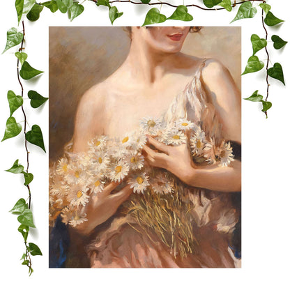 Flower Aesthetic art print woman holding daisies, vintage wall art room decor