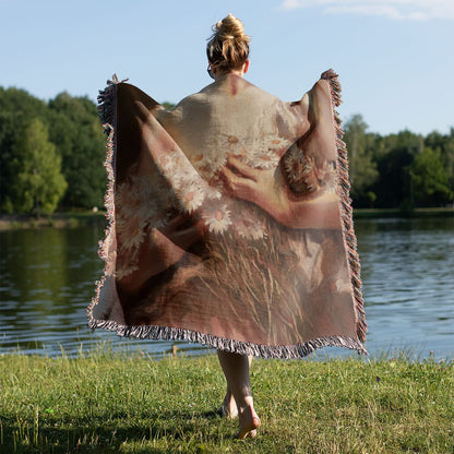 Flower Aesthetic Woven Blanket Held on a Woman's Back Outside