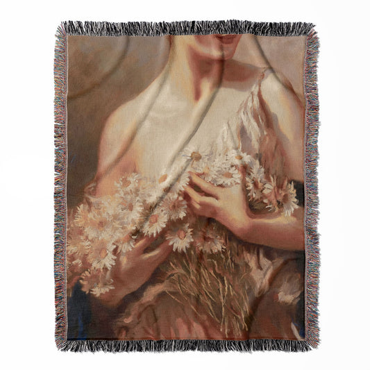 Flower Aesthetic woven throw blanket, made with 100% cotton, providing a soft and cozy texture with a woman holding daisies for home decor.