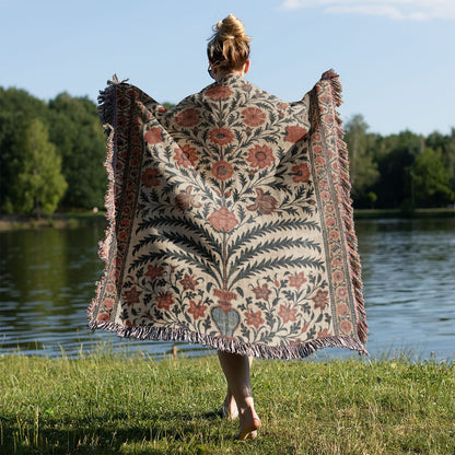 Flower Pattern Woven Blanket Held on a Woman's Back Outside