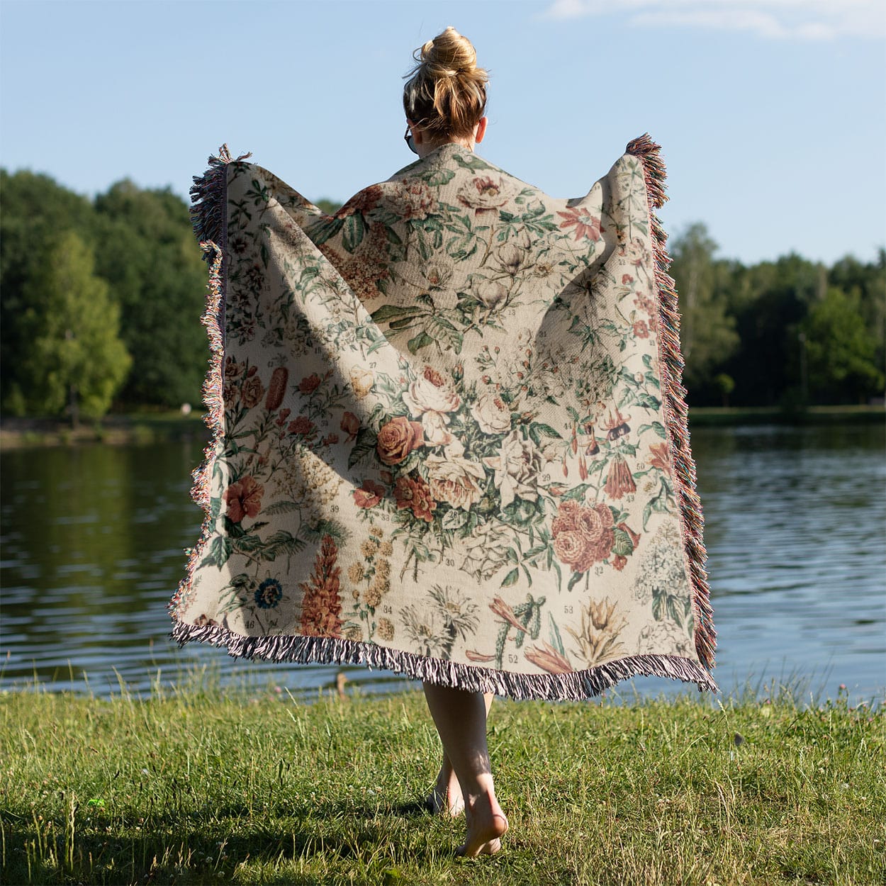 Flowers and Plants Held on a Woman's Back Outside