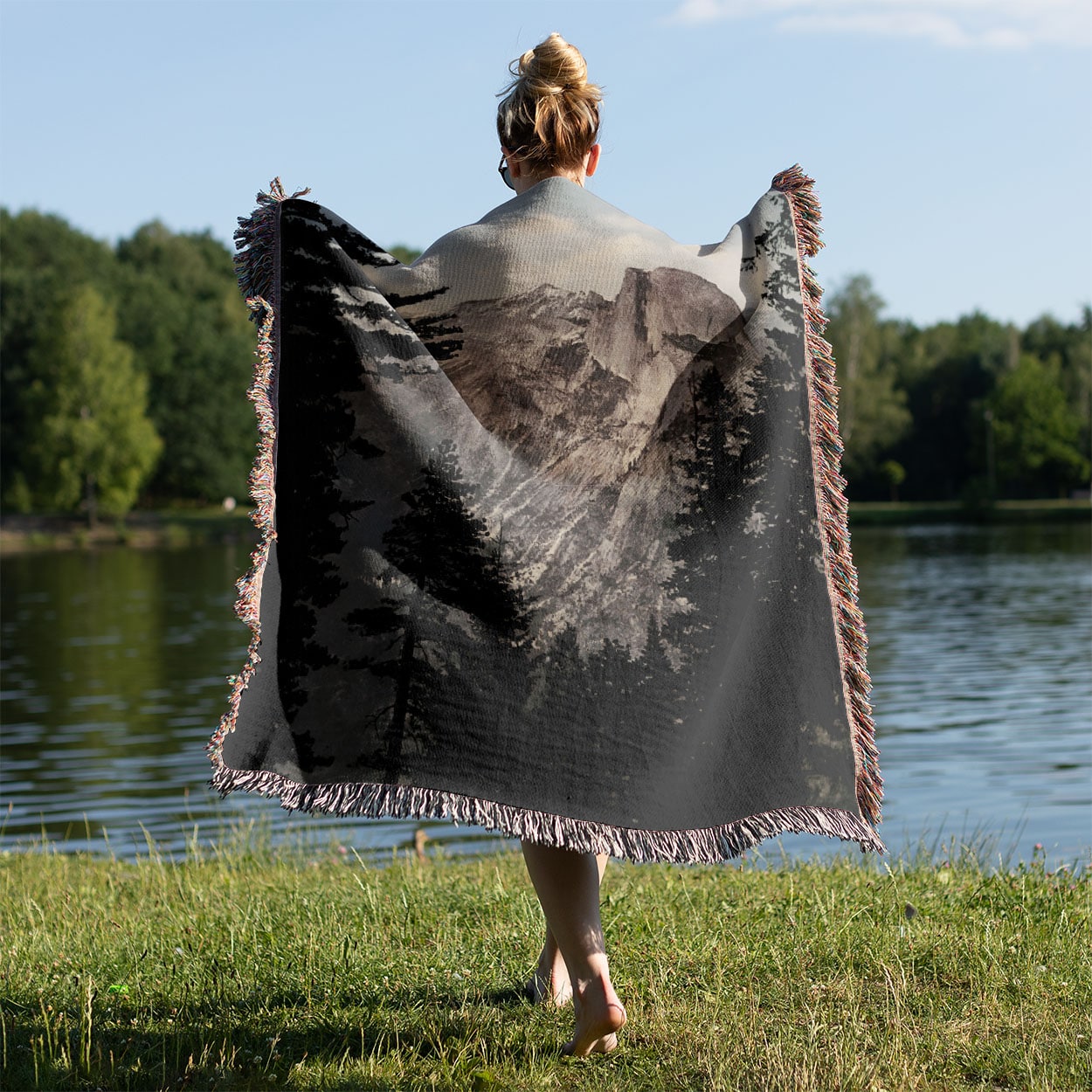 Forest and Mountains Woven Blanket Woven Blanket Hanging on a Wall as Framed Wall Art