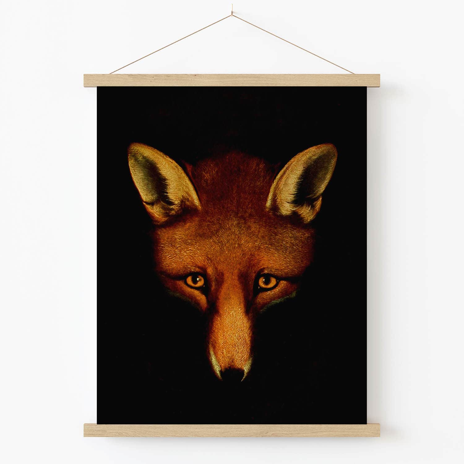 Large Red Fox Head Art Print in Wood Hanger Frame on Wall