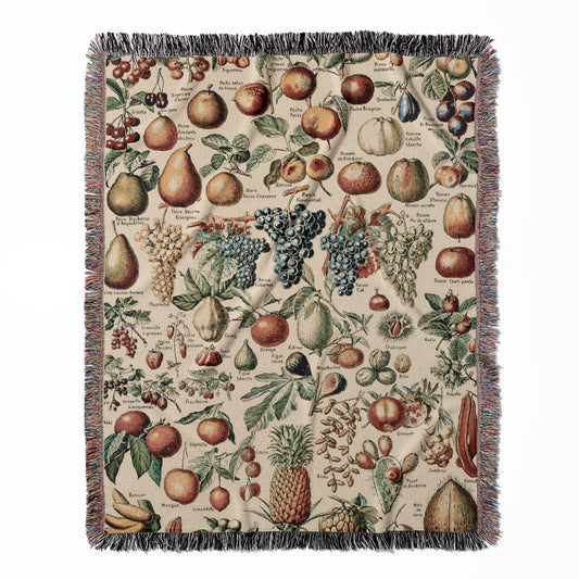 Fruit Diagram woven throw blanket, made of 100% cotton, featuring a soft and cozy texture with a tropical fruit chart for home decor.