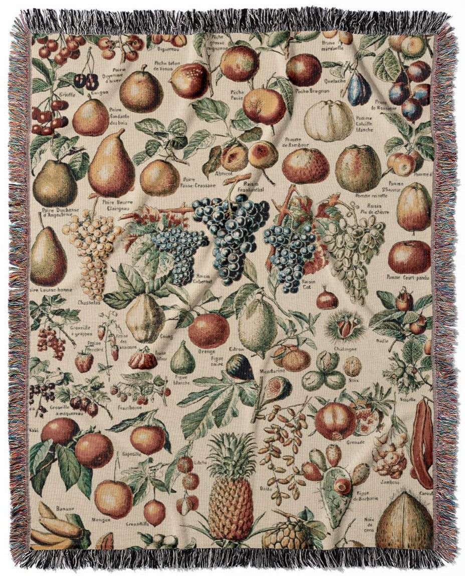 Fruit Diagram woven throw blanket, made of 100% cotton, featuring a soft and cozy texture with a tropical fruit chart for home decor.