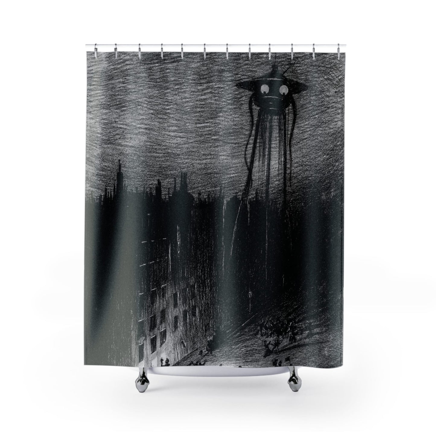 War of the Worlds Shower Curtain with funny aliens design, whimsical bathroom decor featuring humorous alien themes.