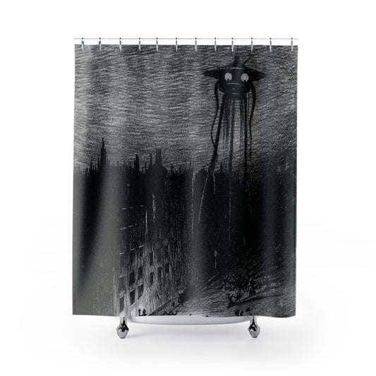 War of the Worlds Shower Curtain with funny aliens design, whimsical bathroom decor featuring humorous alien themes.