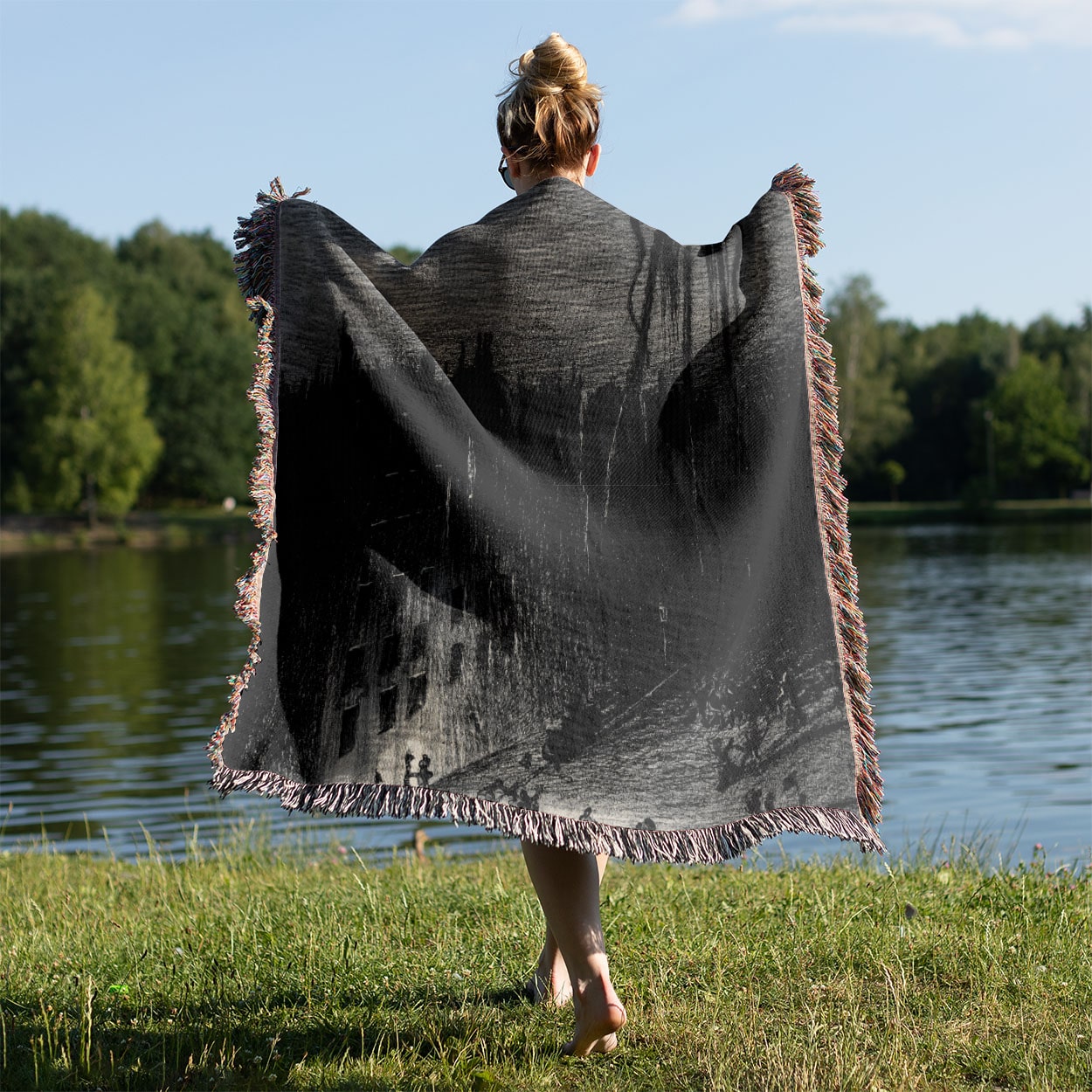 Funny Alien Woven Blanket Held on a Woman's Back Outside
