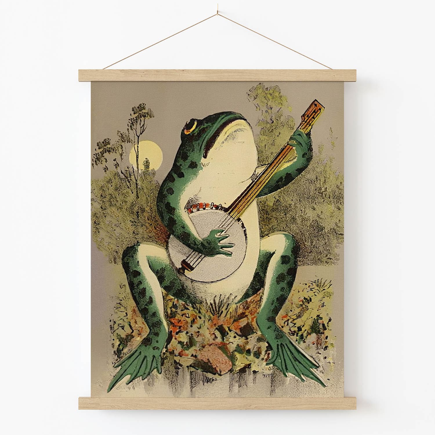 Cute Frog Art Print in Wood Hanger Frame on Wall