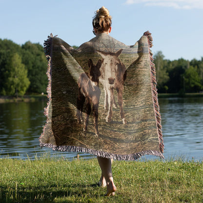 Funny Animal Woven Blanket Held on a Woman's Back Outside