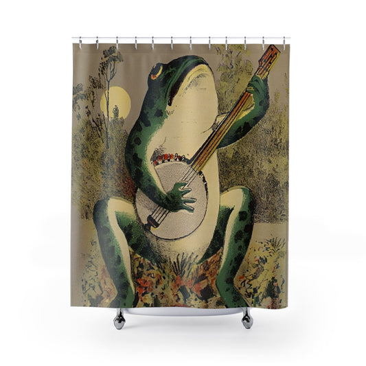 Cute Frog Shower Curtain with frog playing the banjo design, whimsical bathroom decor featuring humorous frog themes.
