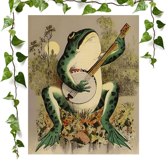 Funny Animal art print frog playing the banjo, vintage wall art room decor