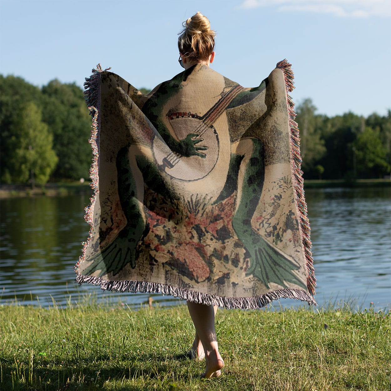 Funny Animal Woven Blanket Held on a Woman's Back Outside