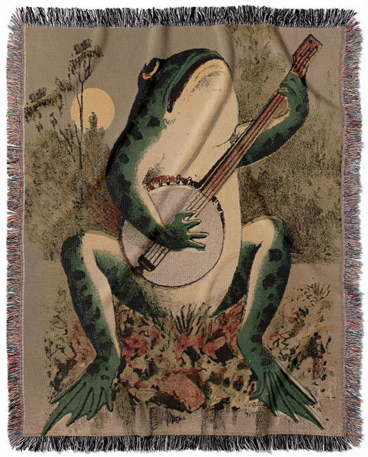 Funny Animal woven throw blanket, made of 100% cotton, featuring a soft and cozy texture with a frog playing the banjo for home decor.