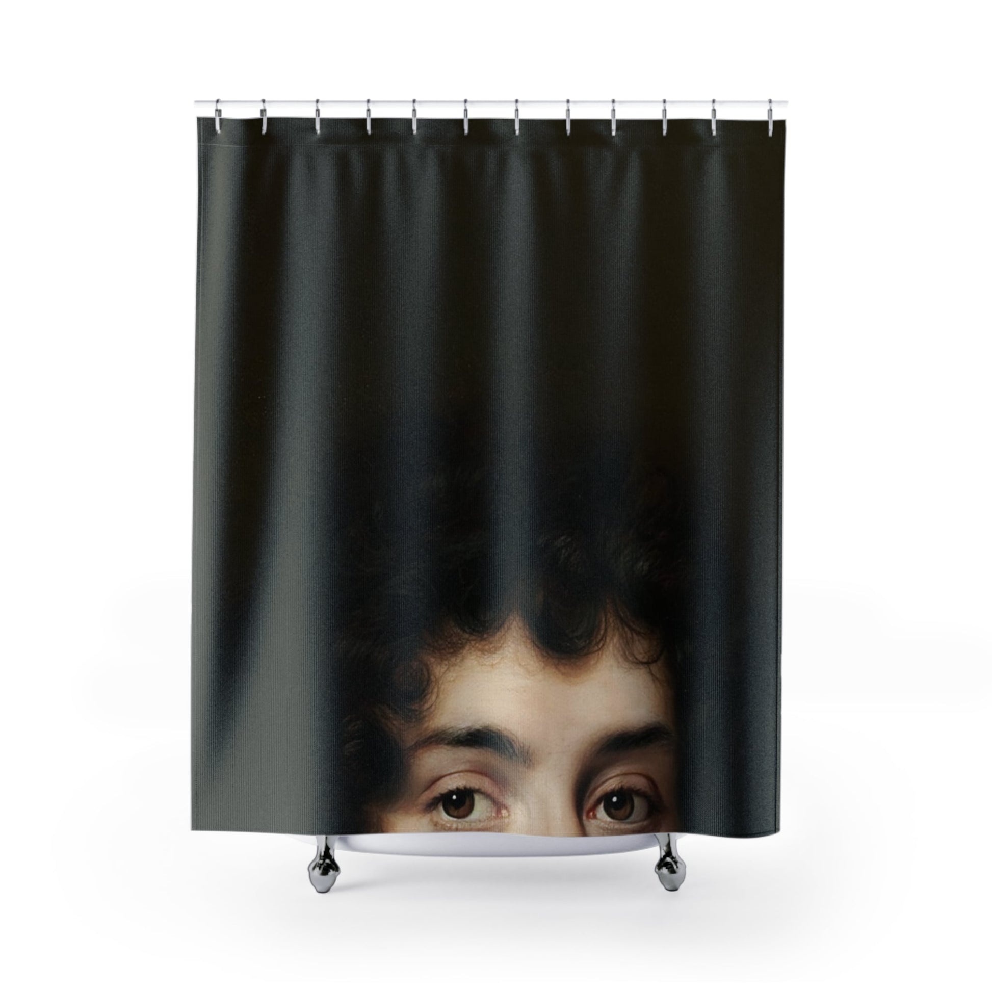 Funny Bathroom Shower Curtain with peeker design, humorous bathroom decor featuring playful art.