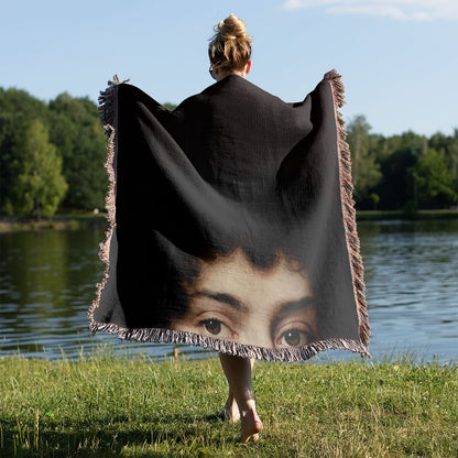 Funny Bathroom Woven Blanket Held on a Woman's Back Outside