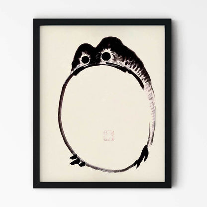 Funny Japanese Toad Art Print in Black Picture Frame