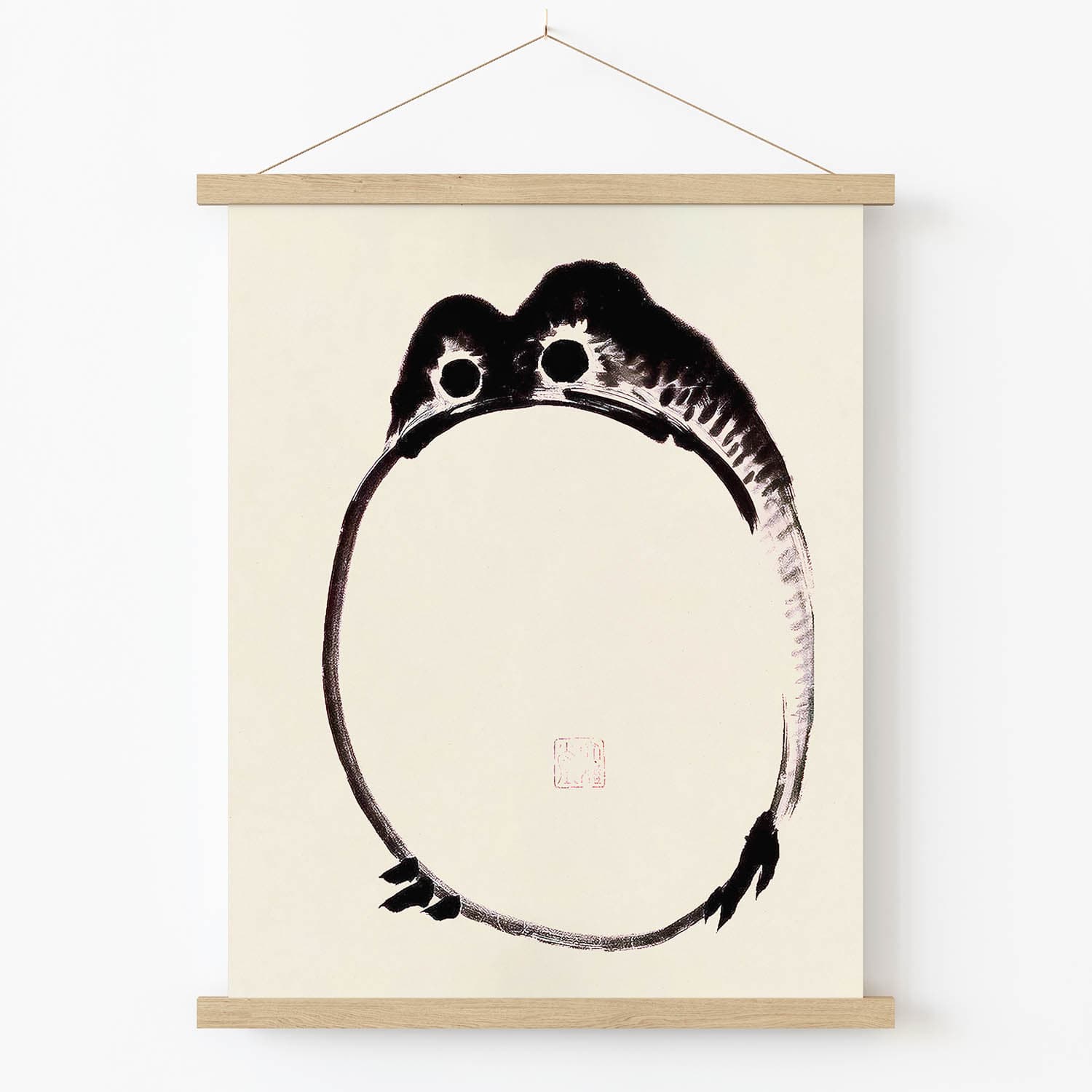 Funny Japanese Toad Art Print in Wood Hanger Frame on Wall