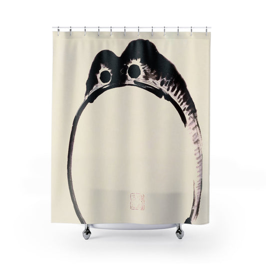 Funny Japanese Toad Shower Curtain with depressed frog design, whimsical bathroom decor featuring humorous toad themes.