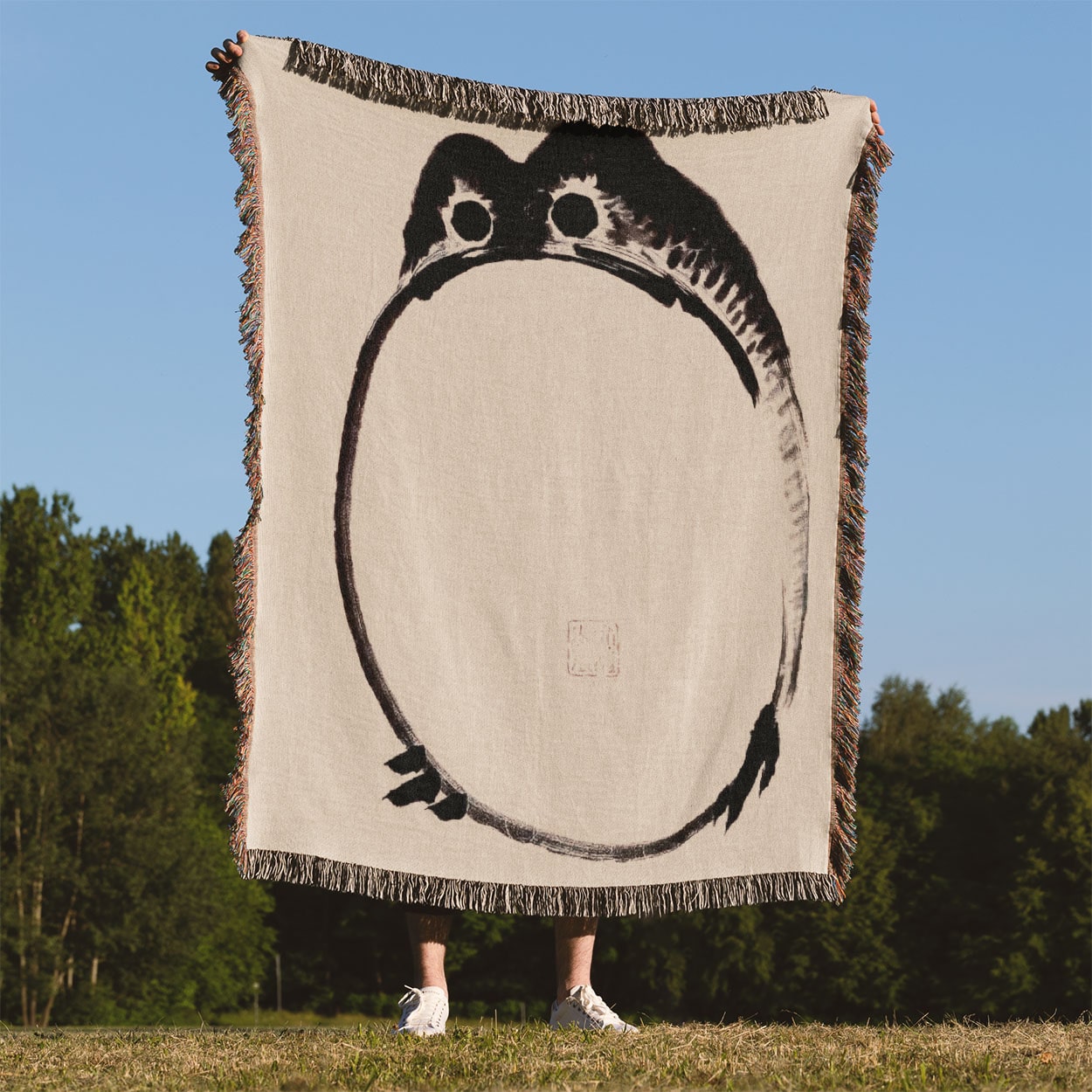 Funny Japanese Toad Woven Blanket Held Up Outside