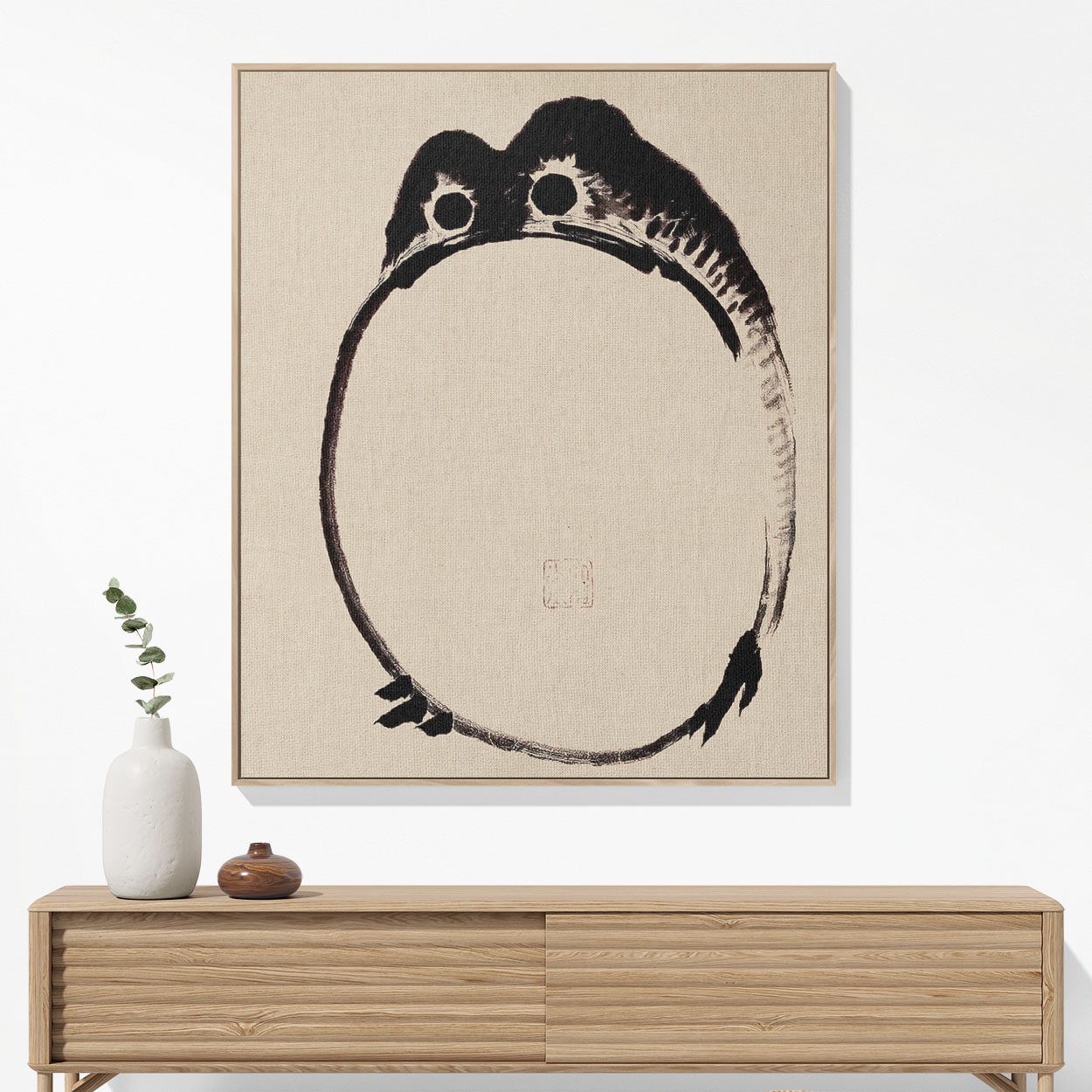 Funny Japanese Toad Woven Blanket Woven Blanket Hanging on a Wall as Framed Wall Art