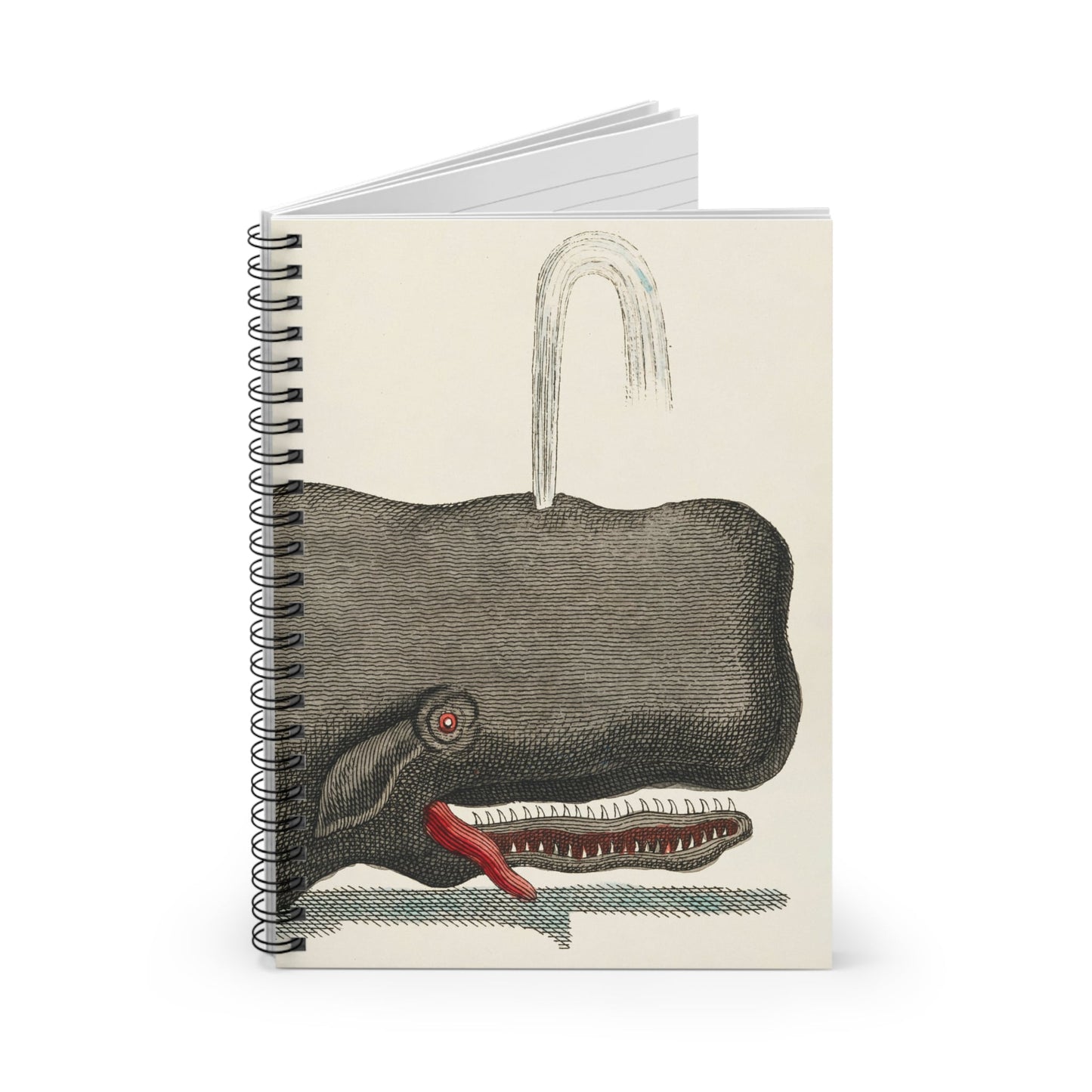 Funny Whale Spiral Notebook Standing up on White Desk