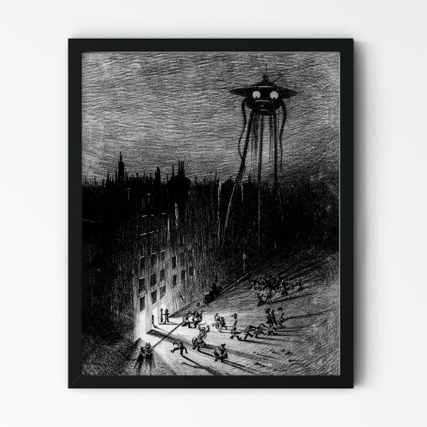 UFO with Eyes over a City Drawing in Black Picture Frame