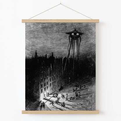 UFO with Eyes over a City Art Print in Wood Hanger Frame on Wall