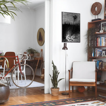 Eclectic living room with a road bike, bookshelf and house plants that features framed artwork of a UFO with Eyes over a City above a chair and lamp