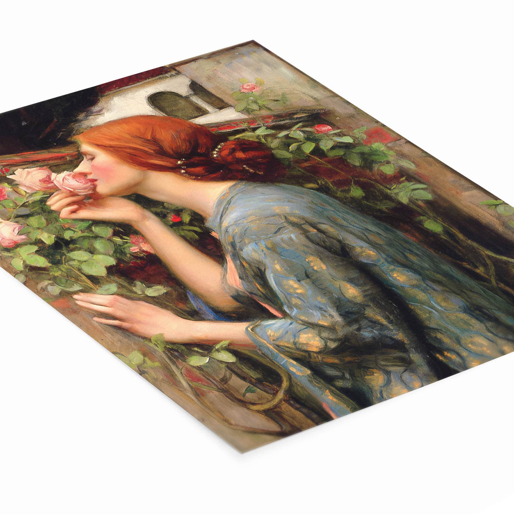 Woman with Red Hair Smelling a Rose Painting Laying Flat on a White Background
