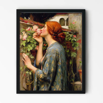 Woman with Red Hair Smelling a Rose Painting in Black Picture Frame