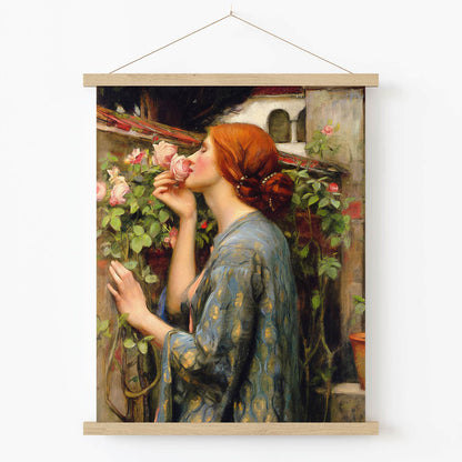 Woman with Red Hair Smelling a Rose Art Print in Wood Hanger Frame on Wall