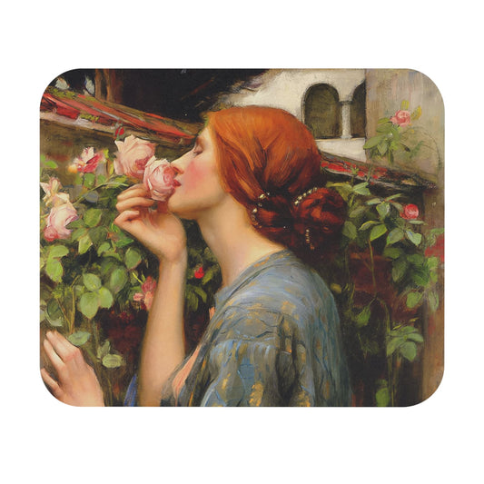 Red Hair Woman and Roses Mouse Pad with a Victorian theme, perfect for desk and office decor.