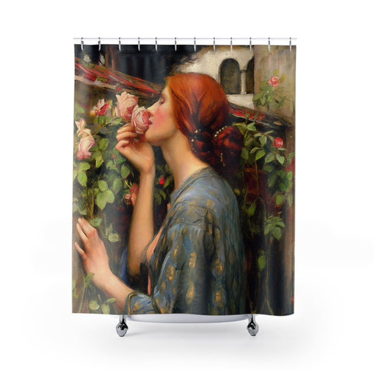 Red Hair Woman and Roses Shower Curtain with Victorian design, historical bathroom decor featuring elegant Victorian themes.