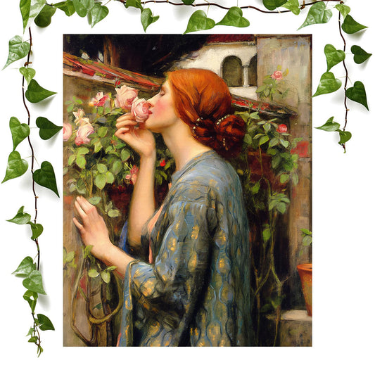 Red Hair Woman and Roses art prints featuring a victorian, vintage wall art room decor