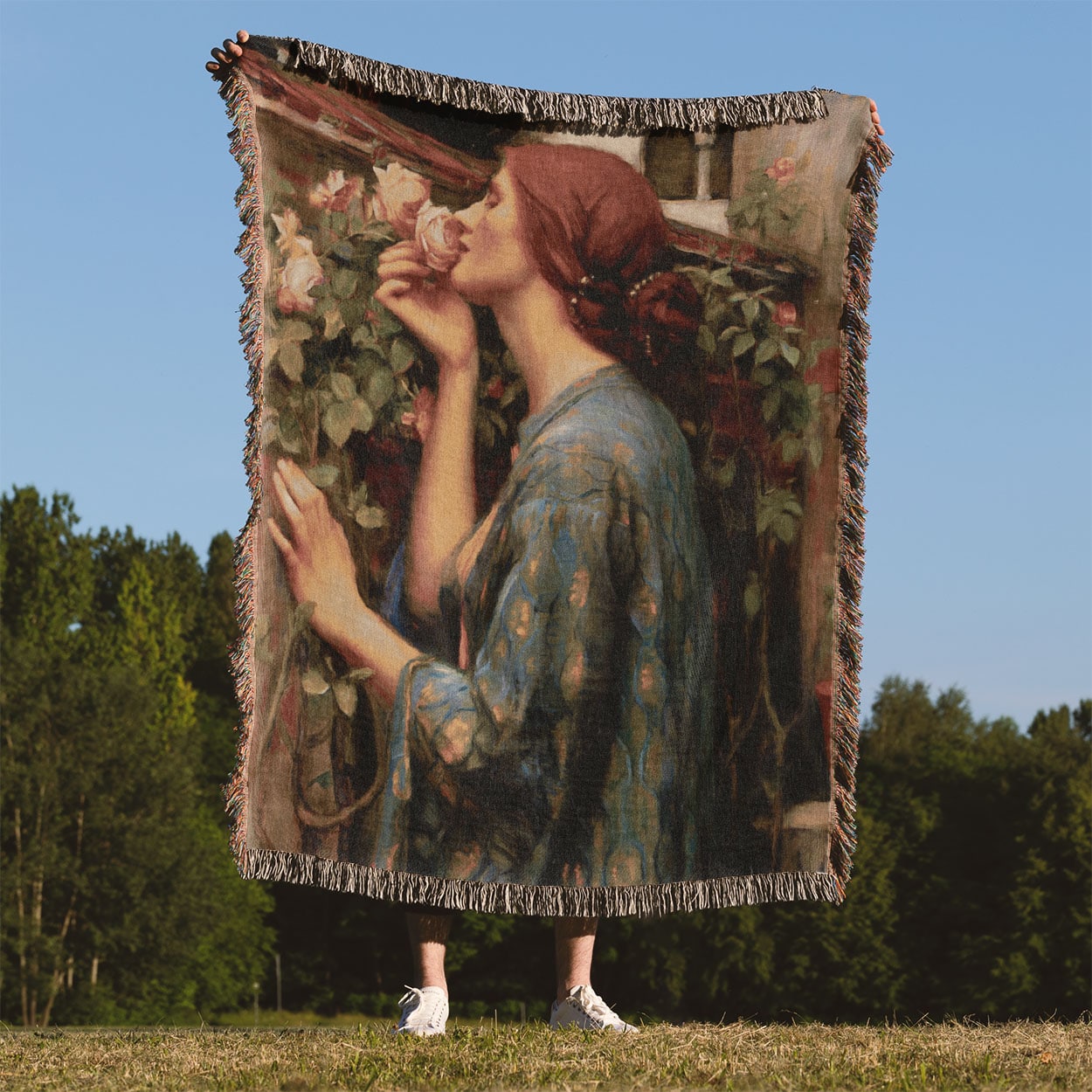 Garden Bliss Woven Blanket Held Up Outside