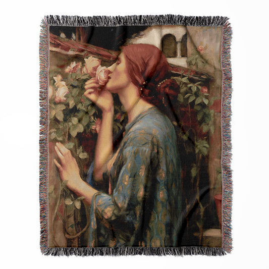 Red Hair Woman and Roses woven throw blanket, crafted from 100% cotton, offering a soft and cozy texture with a Victorian theme for home decor.