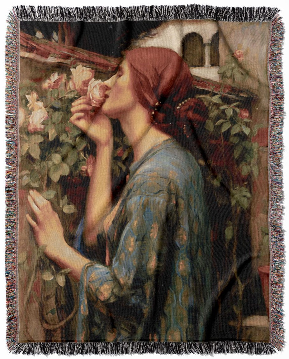 Red Hair Woman and Roses woven throw blanket, crafted from 100% cotton, offering a soft and cozy texture with a Victorian theme for home decor.