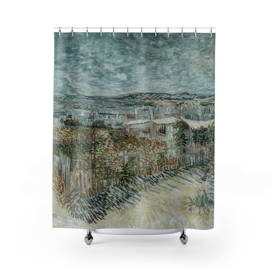 Garden Landscape Shower Curtain with French countryside design, charming bathroom decor featuring pastoral garden scenes.