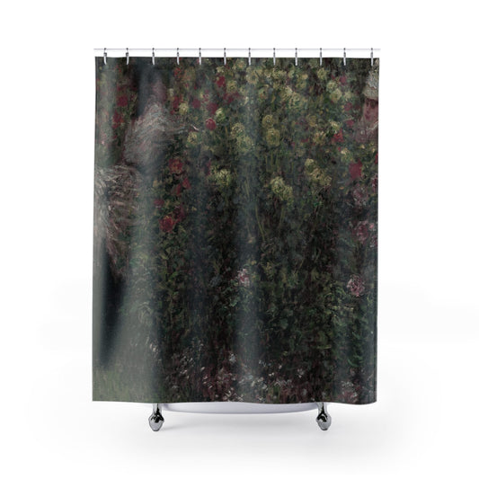 Gardening Shower Curtain with dark green floral design, rustic bathroom decor featuring lush garden scenes.