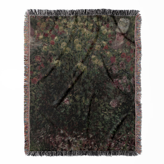 Gardening woven throw blanket, made of 100% cotton, featuring a soft and cozy texture with a dark green floral theme for home decor.