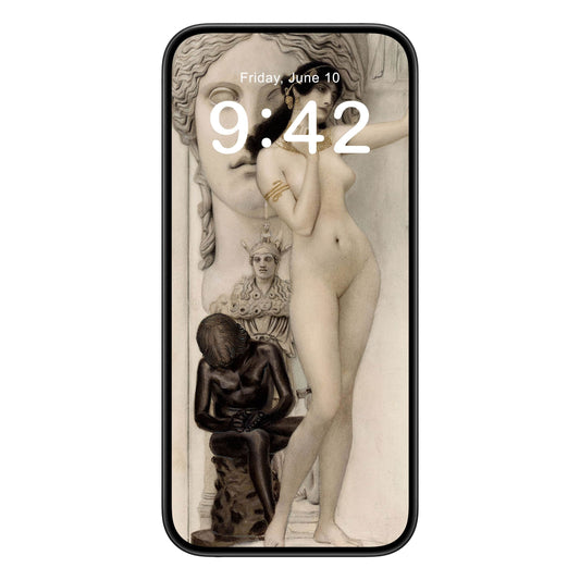 Gothic phone wallpaper background with female sculpture design shown on a phone lock screen, instant download available.