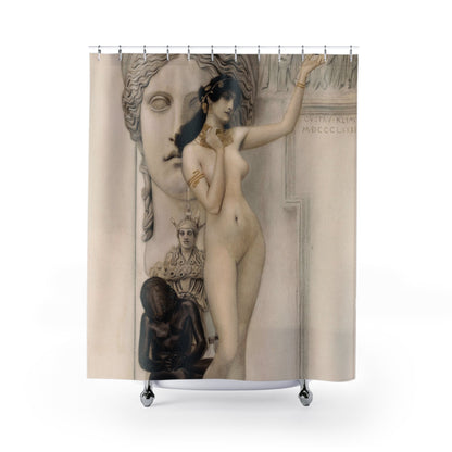 Gothic Shower Curtain with female sculpture design, dramatic bathroom decor showcasing Gothic art.