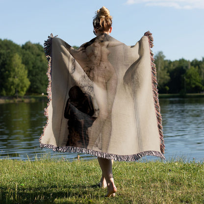 Gothic Woven Blanket Held on a Woman's Back Outside