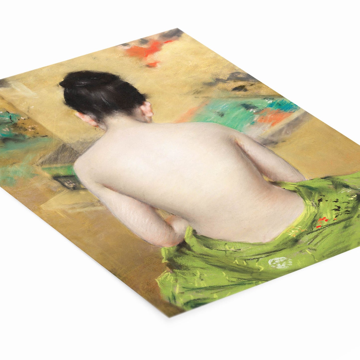 Woman Wrapped in a Green Towel After a Bath Painting Laying Flat on a White Background