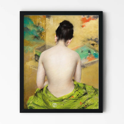 Woman Wrapped in a Green Towel After a Bath Painting in Black Picture Frame