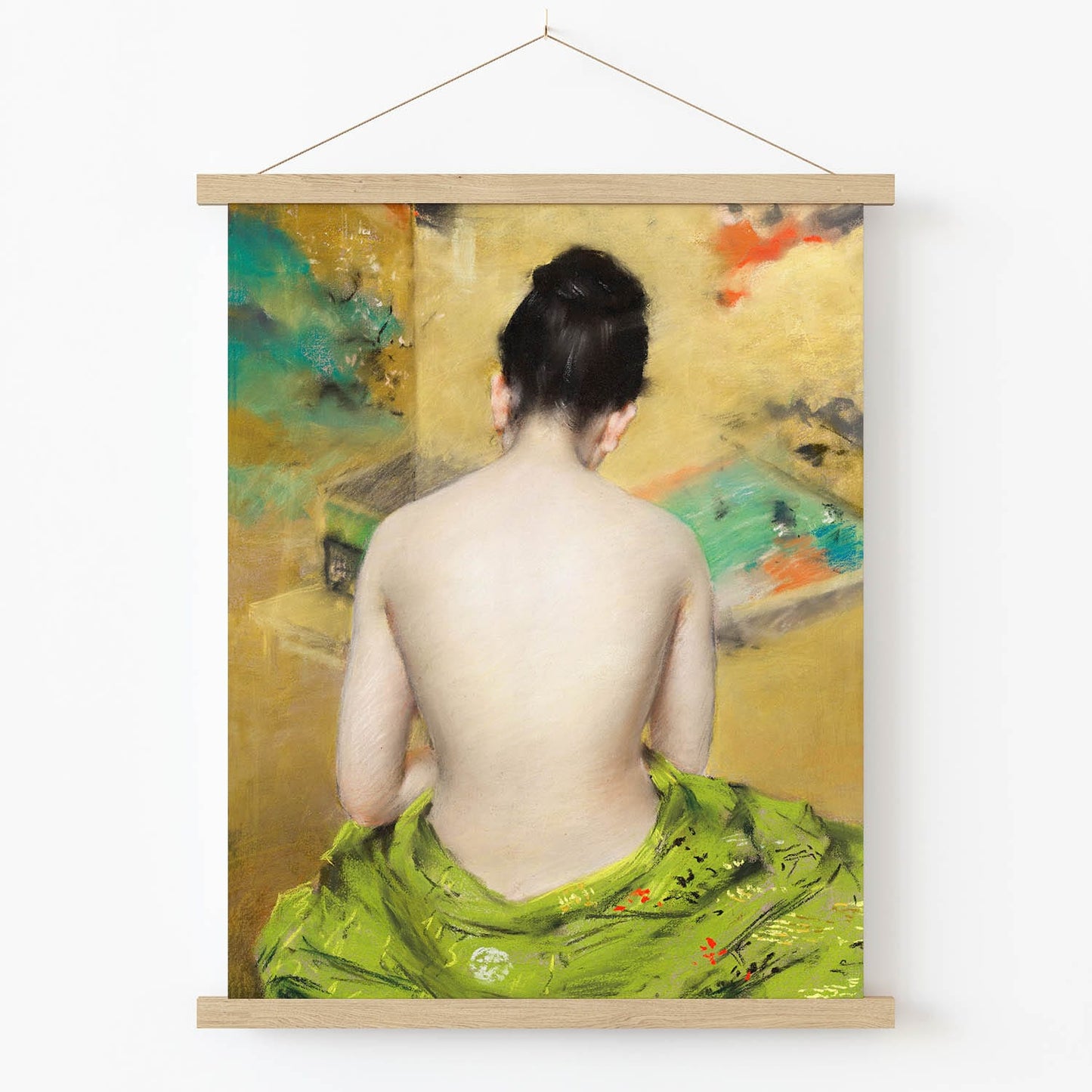 Woman Wrapped in a Green Towel After a Bath Art Print in Wood Hanger Frame on Wall