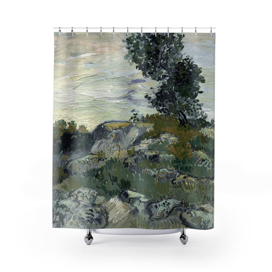 Green Aesthetic Landscape Shower Curtain with nature design, serene bathroom decor featuring calming natural scenes.