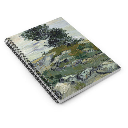 Green Aesthetic Landscape Spiral Notebook Laying Flat on White Surface