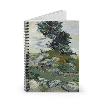 Green Aesthetic Landscape Spiral Notebook Standing up on White Desk